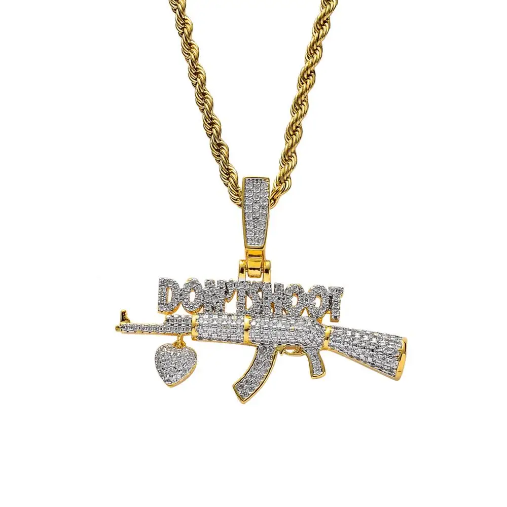 Micro Pave AAA Cubic Zirconia Bling Iced Out Don't Shoot AK 47 CS GO Gun Pendants Necklace for Men Hip Hop Rapper Jewelry