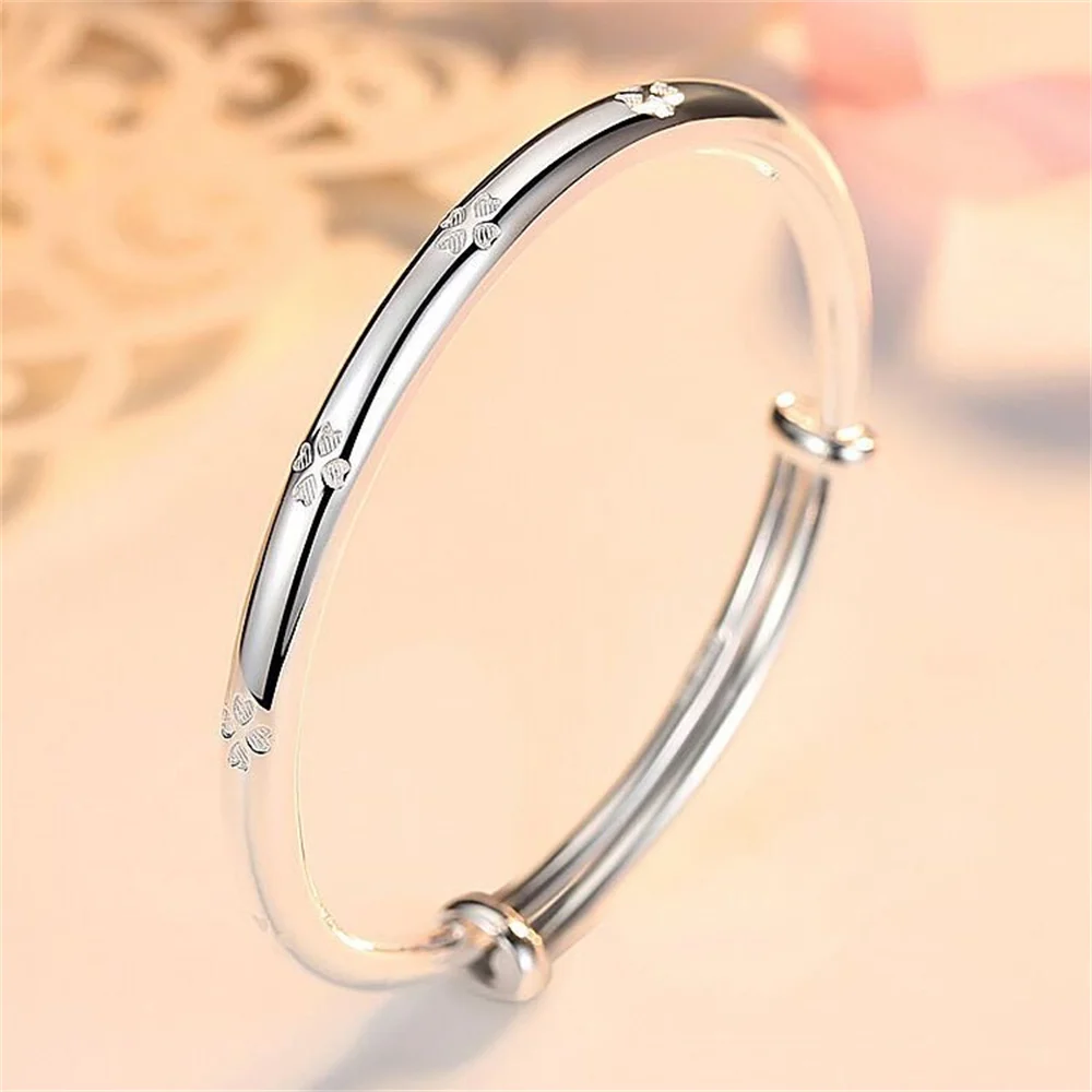 Women 999 Sterling Silver Push‑Pull Adjustable Bangle Free Custom Engraving Four‑Leaf Clover Print  Fine Jewelry Gift