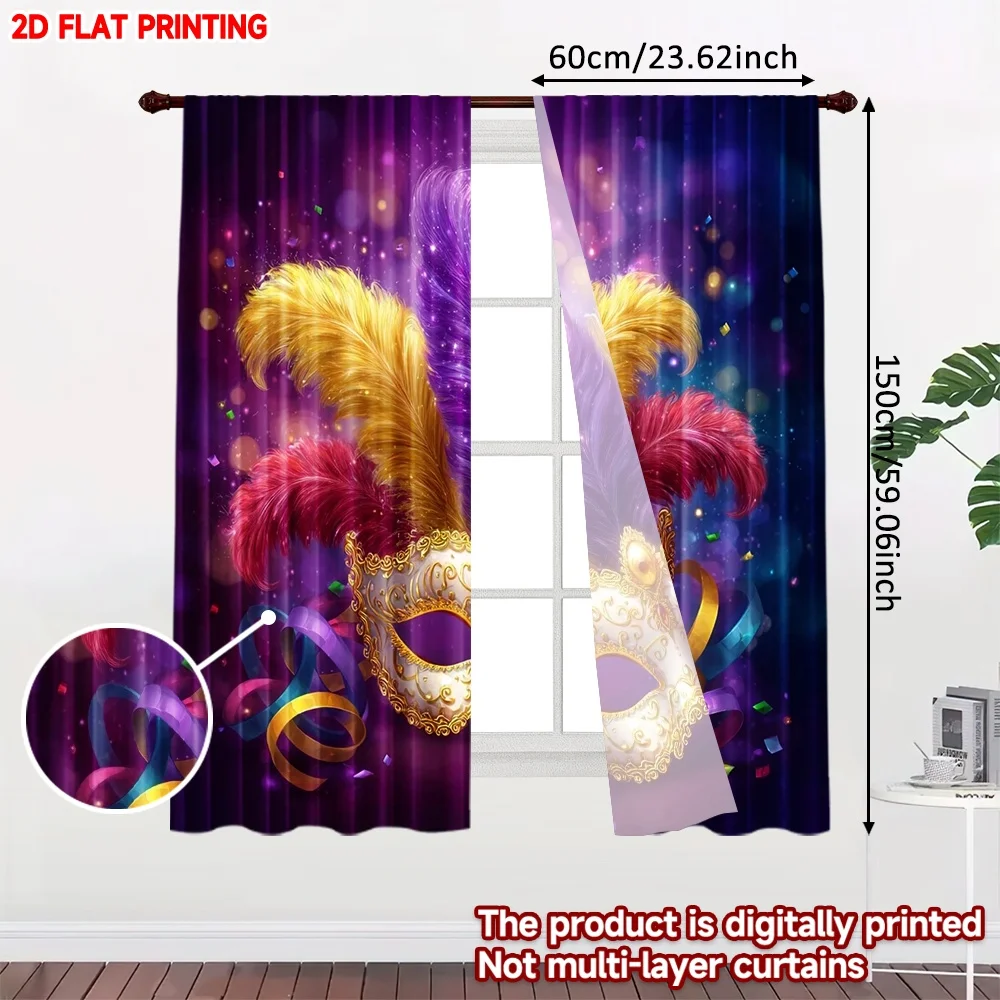 2D flat printing 2pcs Curtain Curtains Mardi Gras Festive Mask(1) Digital Printed Polyester Drapes Holiday Decorations Use for