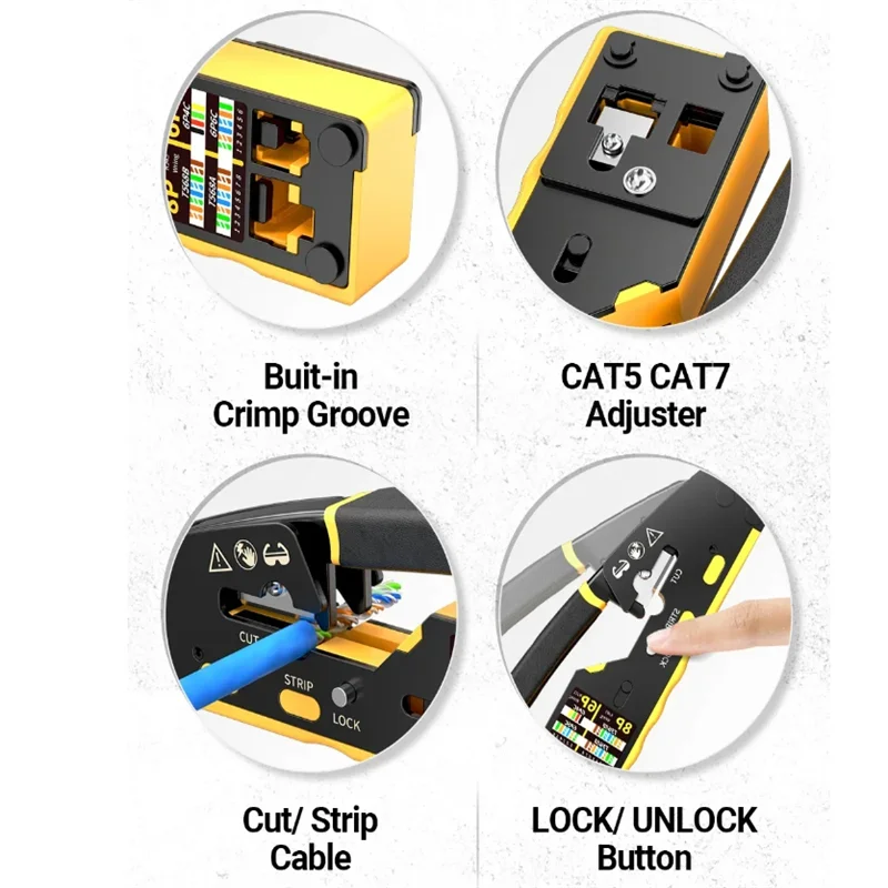 Zaciskarka do kabli sieciowych RJ45 - 3-w-1: zaciskanie/cięcie/odizolowanie kabli LAN CAT8/7/6A/6/5E (STP/UTP) i kabli telefonicznych RJ11/12 BEECHIP — zdjęcie 3