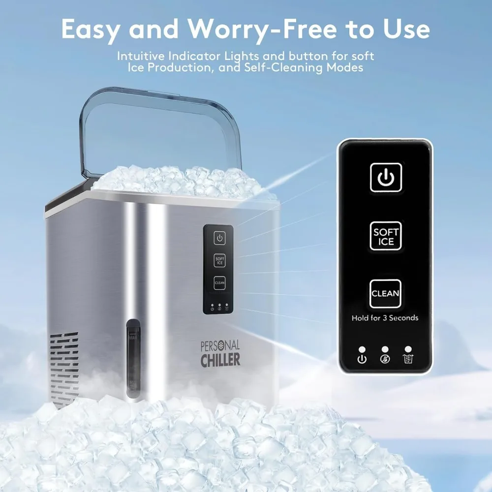 PERSONAL CHILLER Soft Nugget Countertop Ice Maker,1Cubes Ready in 8 Mins,50lbs in 24Hrs,fr Kitchen,Office Stainless Steel Silver