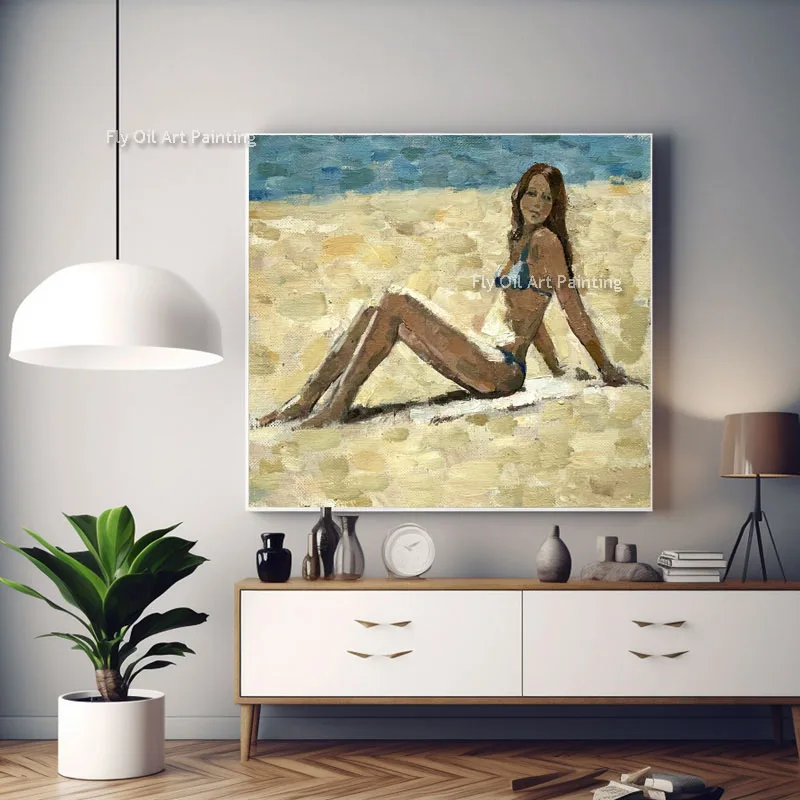 Modern Woman On The Beach Oil Painting Modern Wall Art 100% Hand Painted Canvas Painting Fashion Art For Bedroom Home Decor