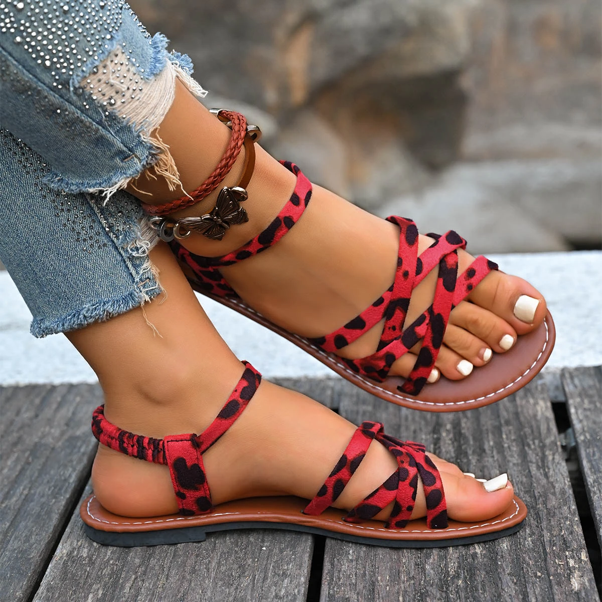 Women Flats Leopard Sandals Cozy Casual Shoes Women Summer Walking Outdoor Beach Sandals Women Flip Flops Sandalias De Mujer