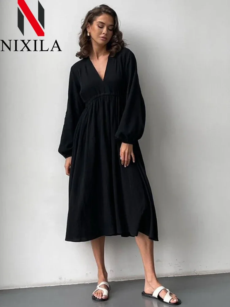 Summer Casual Women Maxi Dress Cotton V-neck A-line Oversize Short Sleeve Midi Dress Puff Sleeve Loose Elegant Long Dress 2024