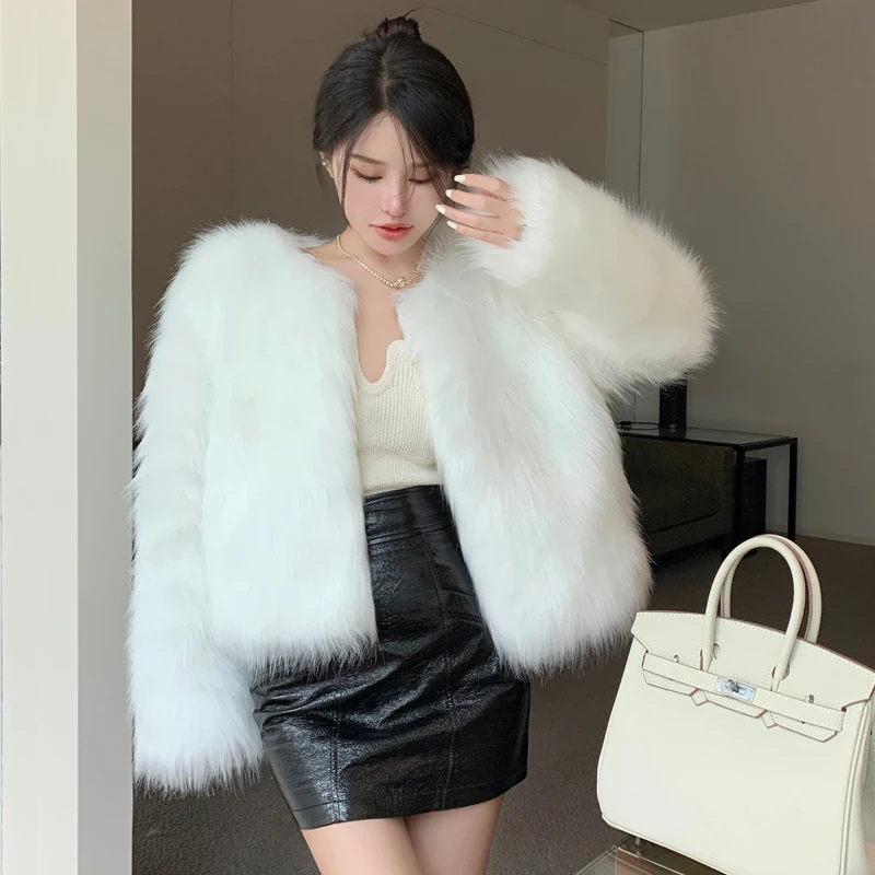 MEXZT Fashion Harajuku Faux Fox Fur Coat Women Winter Korean Slim Leather Jacket Female Casual Natural Color Open Stitch Coat