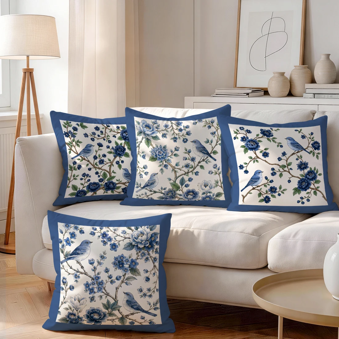 Blue White Porcelain Blue Flower Bird Cushions Pillowcase Polyester Cushion Cover Throw Pillow Pillowcover Home Car Sofa Decor