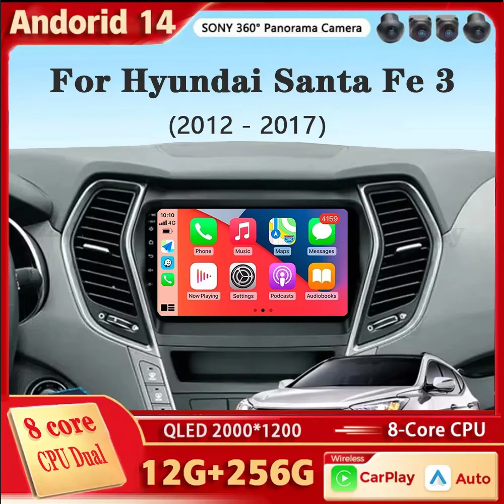 Android 14 Carplay Car Radio For Hyundai Santa Fe 3 Grand IX45 2012 - 2017 Navigation GPS Multimedia Player WiFi+4G Stereo video