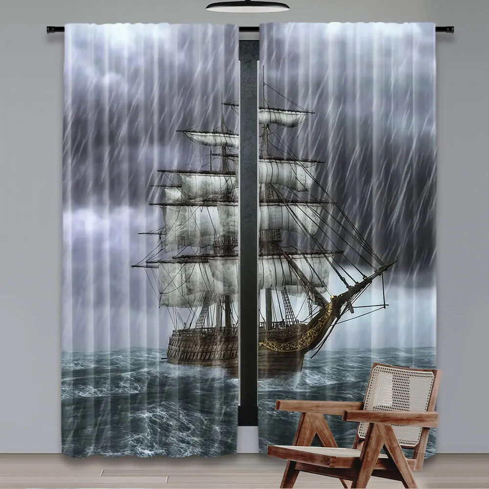 2Pcs Nautical Curtain Old Ship On The Ocean In Wave Rainy Stormy Weather Suitable For Living Room Bedroom Kitchen And Bathroom