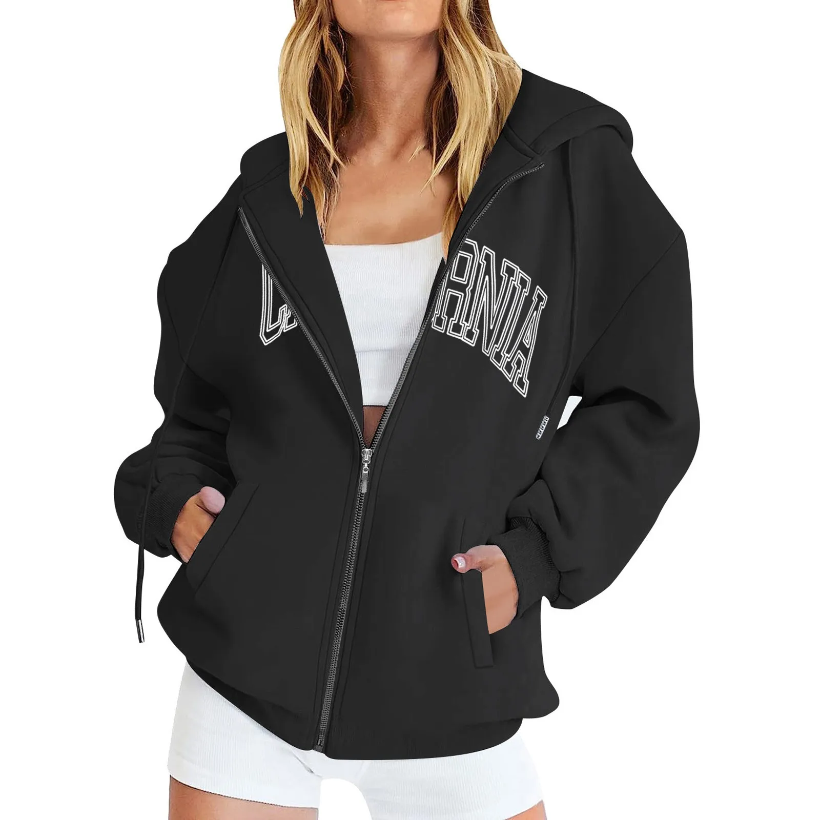 Womens Oversized Zip Up Letter Print Hoodies Sweatshirts Clothes Teen Girl Fall Casual Hoodies Zip Up hoodies Bluza Damska