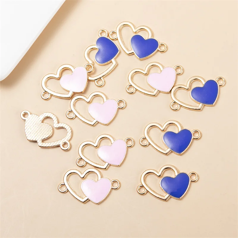 HEYUYAO 10pcs/loth 24*14MM Double Heart Enamel Charms Connector DIY Necklaces Bracelet for Jewelry Making Accessories