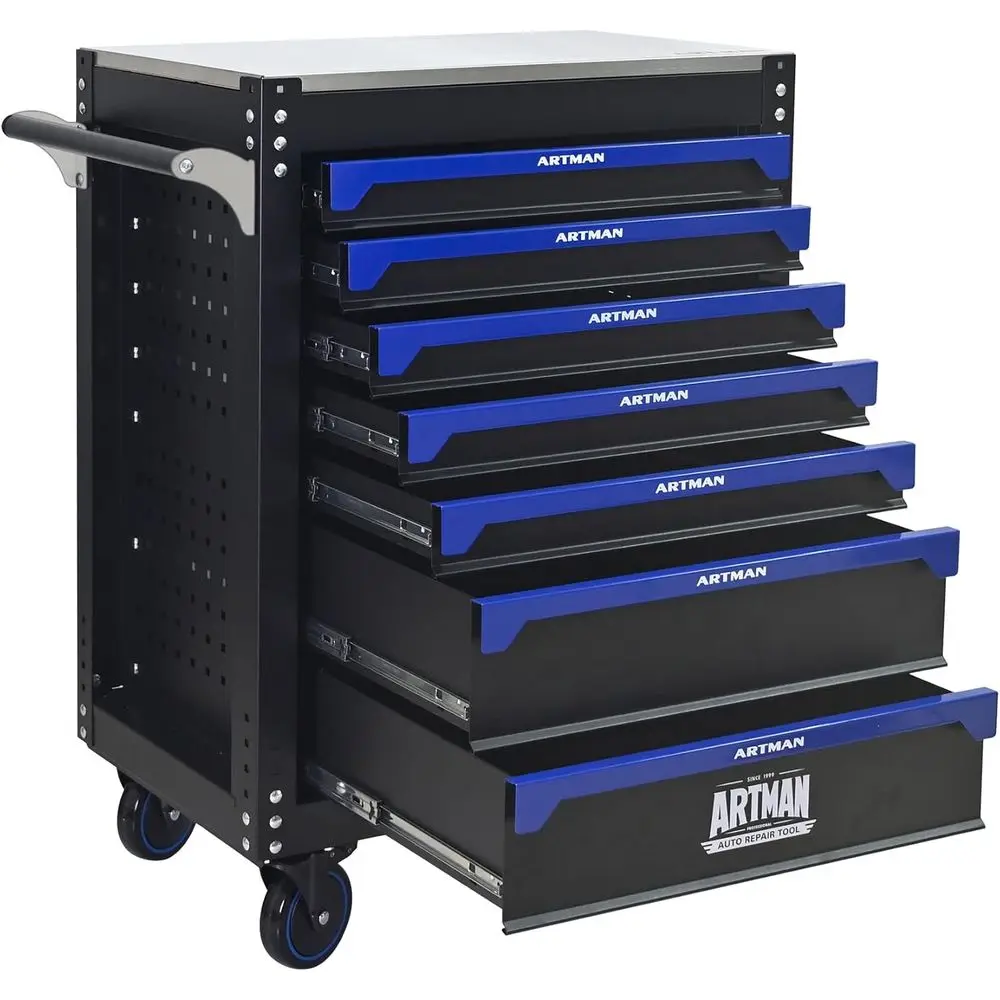 

Прочная стальная тележка для инструментов на колесах, мобильный органайзер и черно-синяя ящик-органайзер для инструментов для хранения в гараже