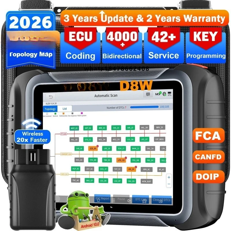 

D8W NEW WIFI Automotive Diagnostic Scanner ECU Coding Code 42+Resets FCA CANFD DoIP Bi-Directional OBD2 Scanner for Cars