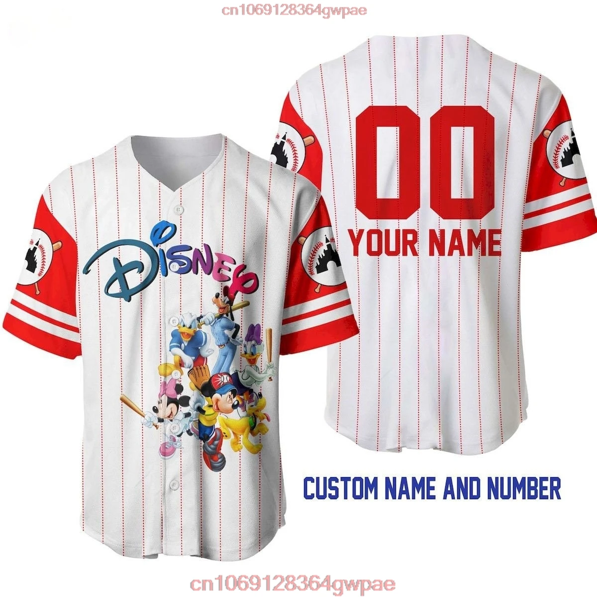 Disney White Red Baseball Jersey, Donald Mickey Minnie Goofy Baseball shirt 3D T-shirt