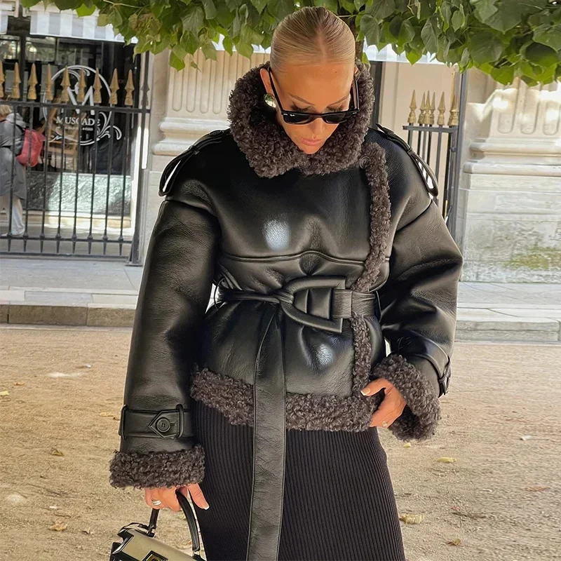 

Vintage Patchwork Faux Fur Leather Coats Women Lapel Lace Up Long Sleeve Thicken Warm Jackets 2024 Autumn Winter New Streetwear