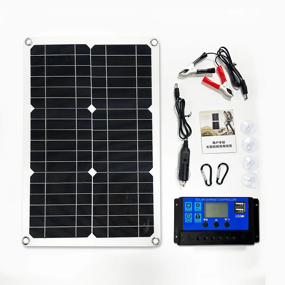 Kit de panneau solaire pour la maison, contrôleur d\'invitation, charge sûre, 2 ports USB, chargeur d\'énergie solaire, camping, téléphone, voiture,