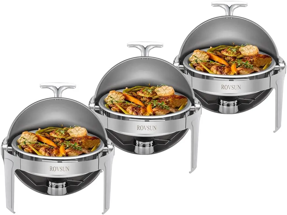 

ROVSUN 3-Pack Roll Top Chafing Dish Buffet Set,6 Quart Full Size Pan Chafer, NSF Stainless Steel Round Set with Food Pan, Water