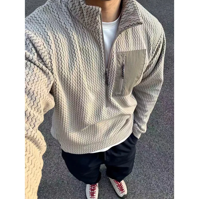Outono e inverno quente gola alta meia zip jaqueta, jaqueta de lã esportiva casual ao ar livre, textura de padrão de onda para homem