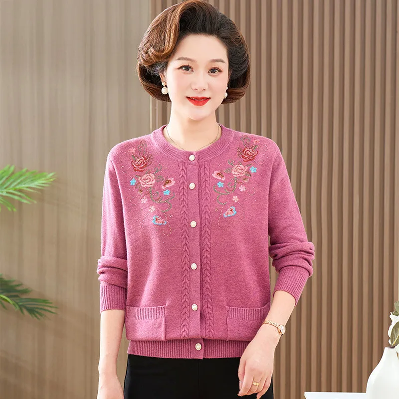 

Cardigan Women Long Sleeve Buttons Jacket Autumn Winter Clothes Woman Vintage Printed Mother Knitting Tops Ladies Sweater Coat