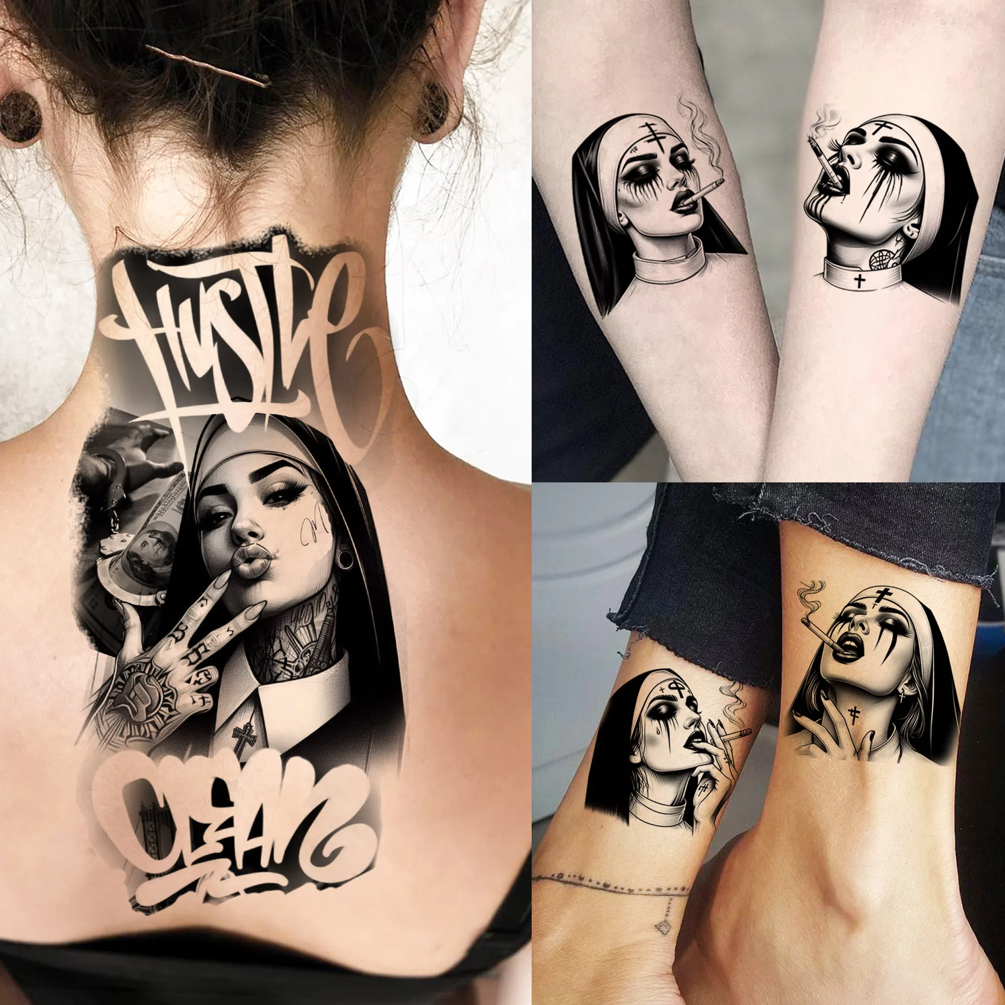 1 Sheet Trendy Nun Girls Rebel Temporary Tattoos For Men Women Realistic Fake Tattoos Waterproof Long Lasting Arm Tatoo Sticker