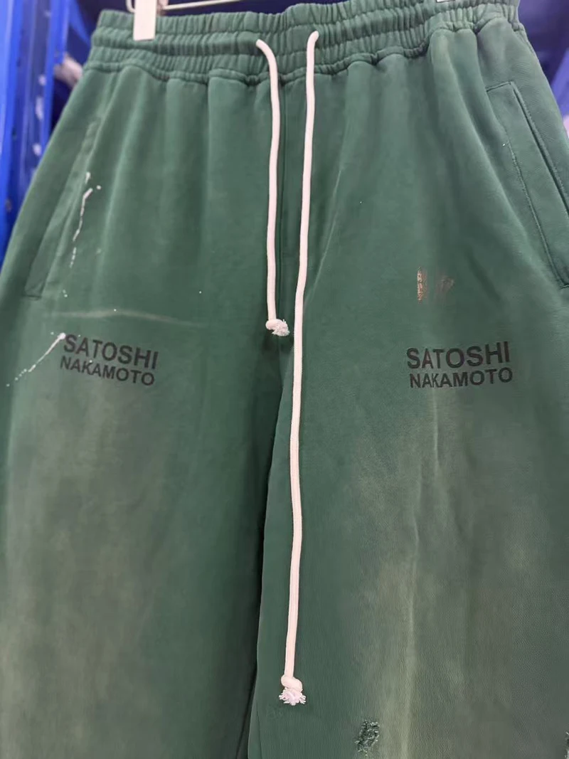 American Street Green Vintage Washed Worn SATOSHI Sweatpants Splashing Ink Letter Print Men Women Sports Casual Drawstring Pants