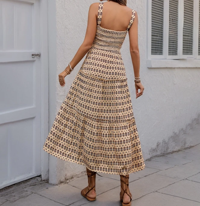 Elegant Women's Dress 2024 Summer Sexy Strap Dress Bohemian Printed High Waist A-line Shirt Dress Casual Women's Vacation Dress