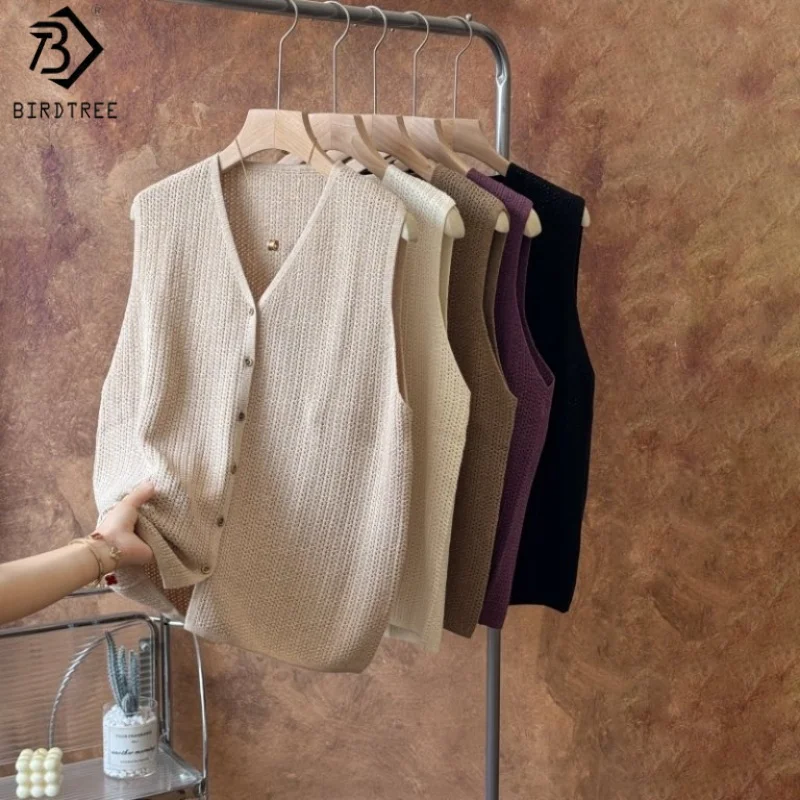 

Birdtree 63,9% шелковый однотонный жилет из хлопка 15,9%, женский свободный трикотаж без рукавов с v-образным вырезом и v-образным вырезом, топы T58936JF