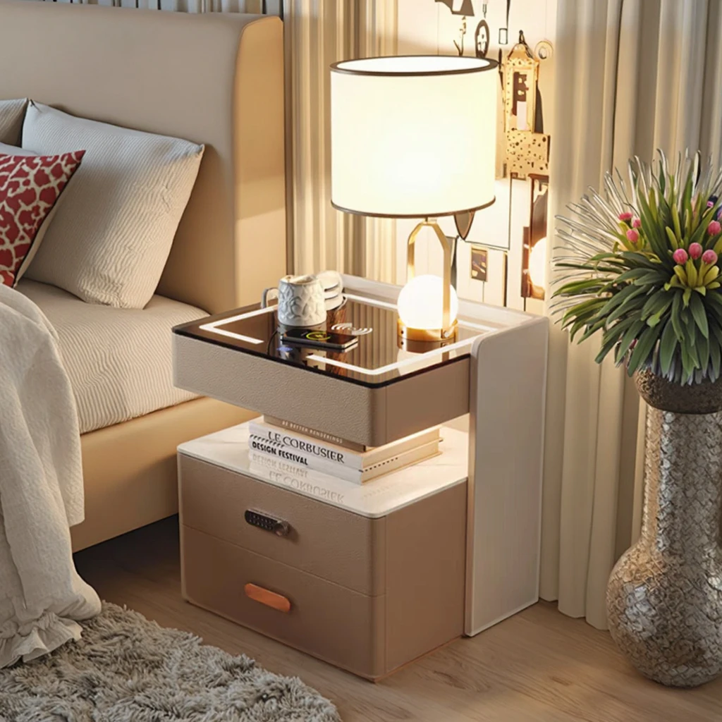 طاولة بجانب السرير من الخشب الصلب الفاخر الحديث مع خزانة بجانب السرير متعددة الوظائف للشحن الذكي للمنزل والفندق لورش العمل #1