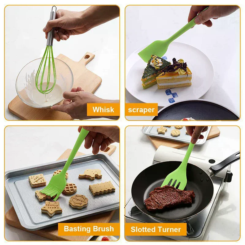 5PCS Silicone Kitchen Cooking Utensils Set Non-Stick Flexible Kitchen Tools With Cake Spatula Whisk Oil Brush And Cooking Shovel