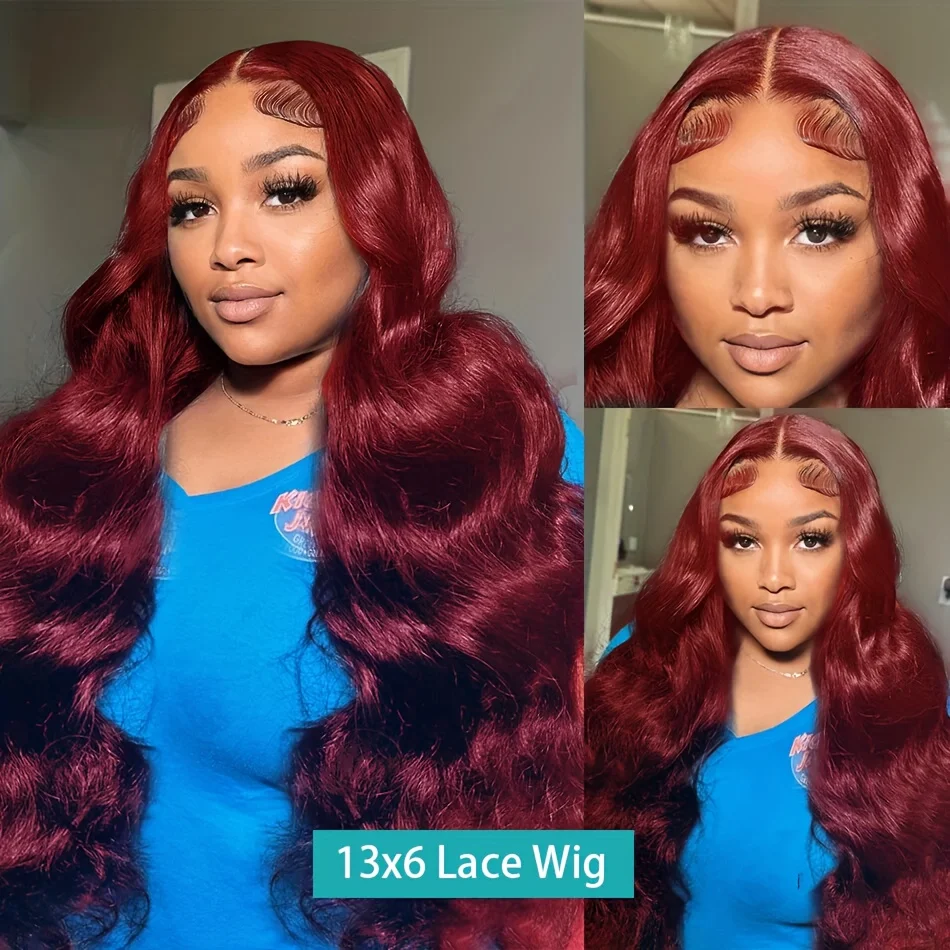 Wig Tanpa Lem Depan Gelombang Tubuh Kepadatan 13X6 Merah Marun Rambut Perawan Brasil HD Wig Rambut Manusia Renda Transparan Pra Pencabutan