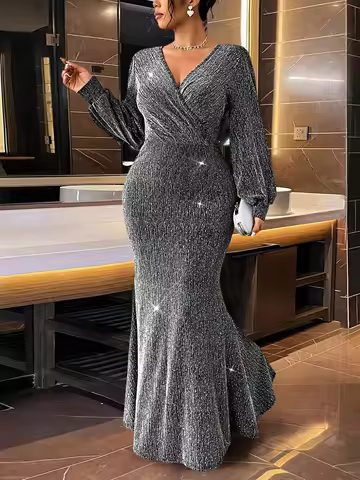 Women Plus Size Dress Silver Grey V Neck Long Sleeve Ruched Bodycon Mermaid Maxi Dress Party Cocktail SpringSummer Evening Dress