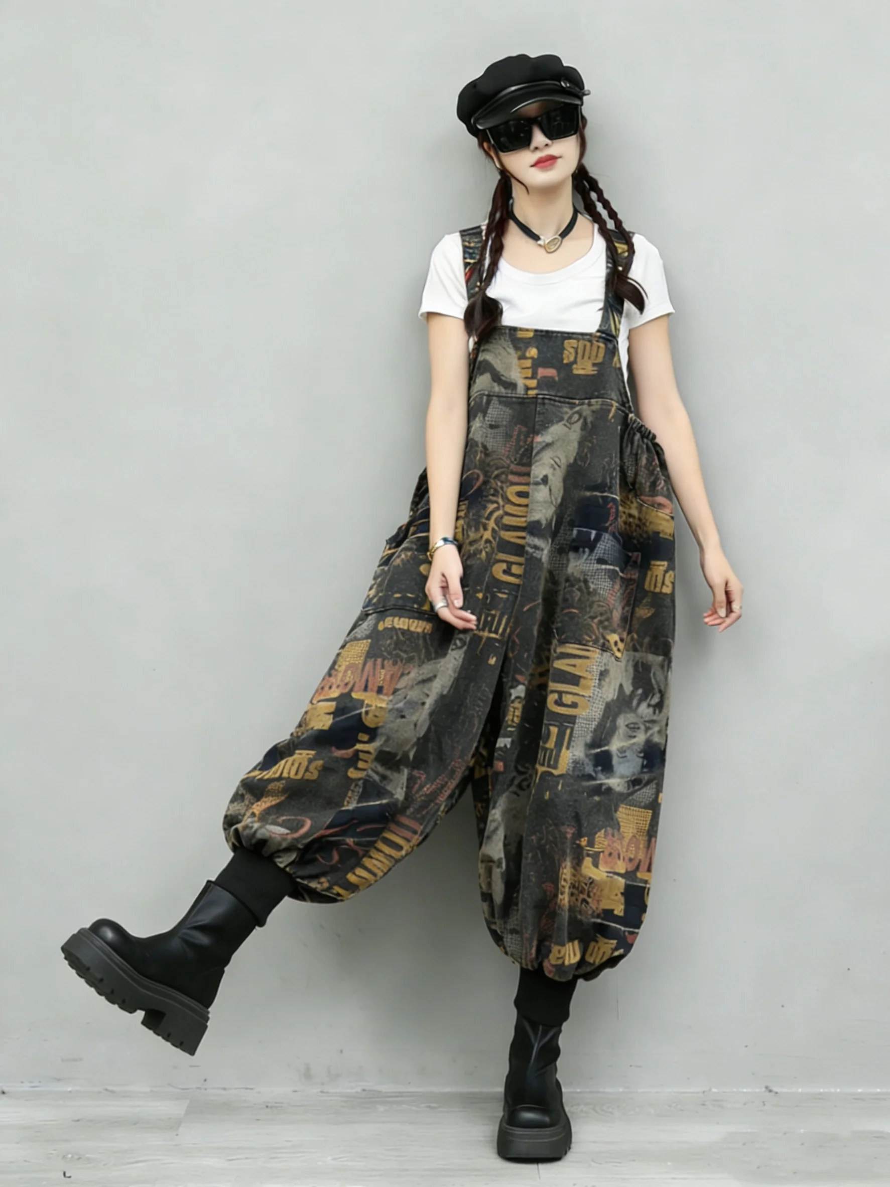 

Retro Waed Denim Overalls Women's Spring Summer New Loose Conceal Personalized Trousers Wide Leg Harem Jumpsuit Trendy