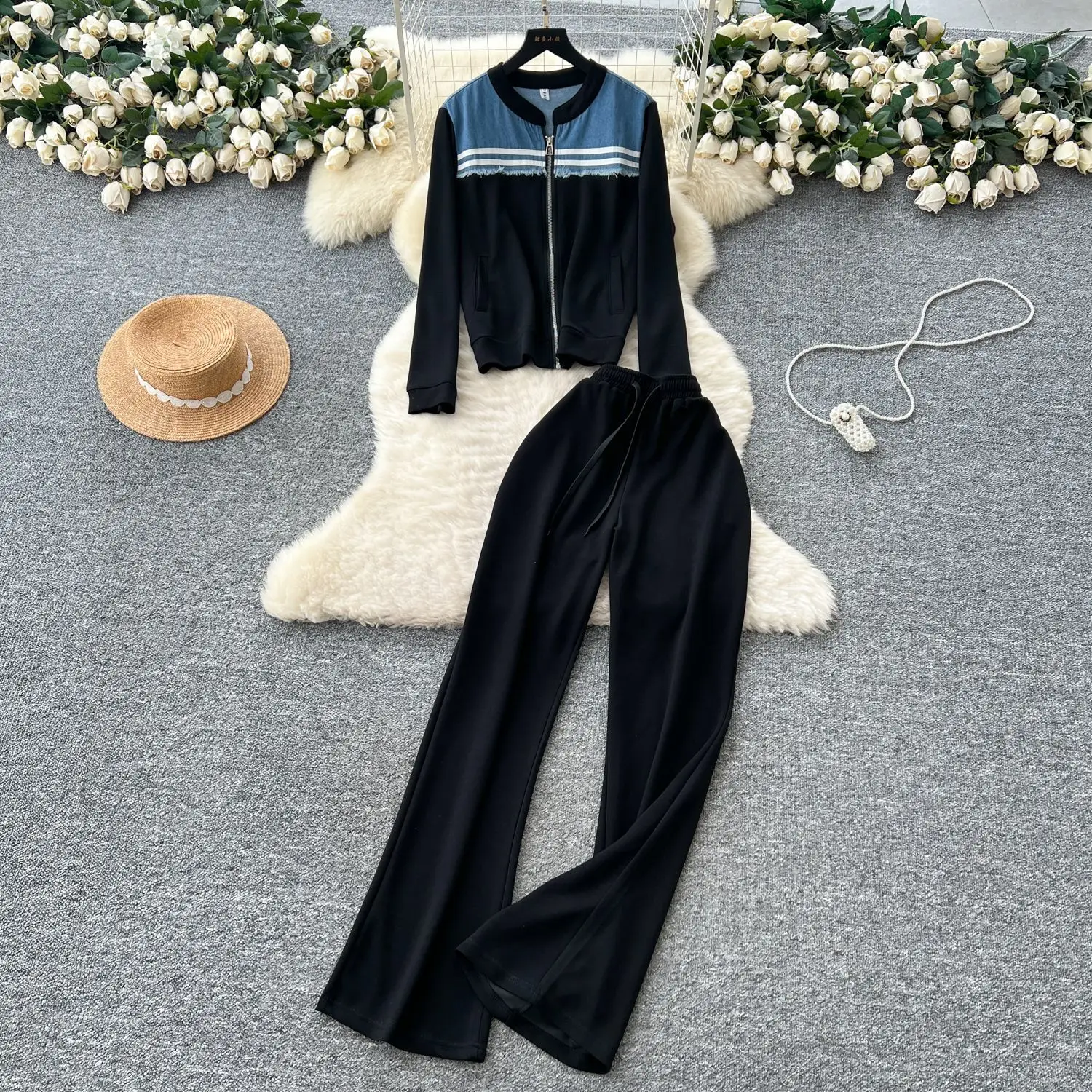 

Pant Set Women Two Piece Sets Full Sleeve Casual Coats Wide Leg Long Pants High Waist Y2k Streetwear Elegant Splice Work