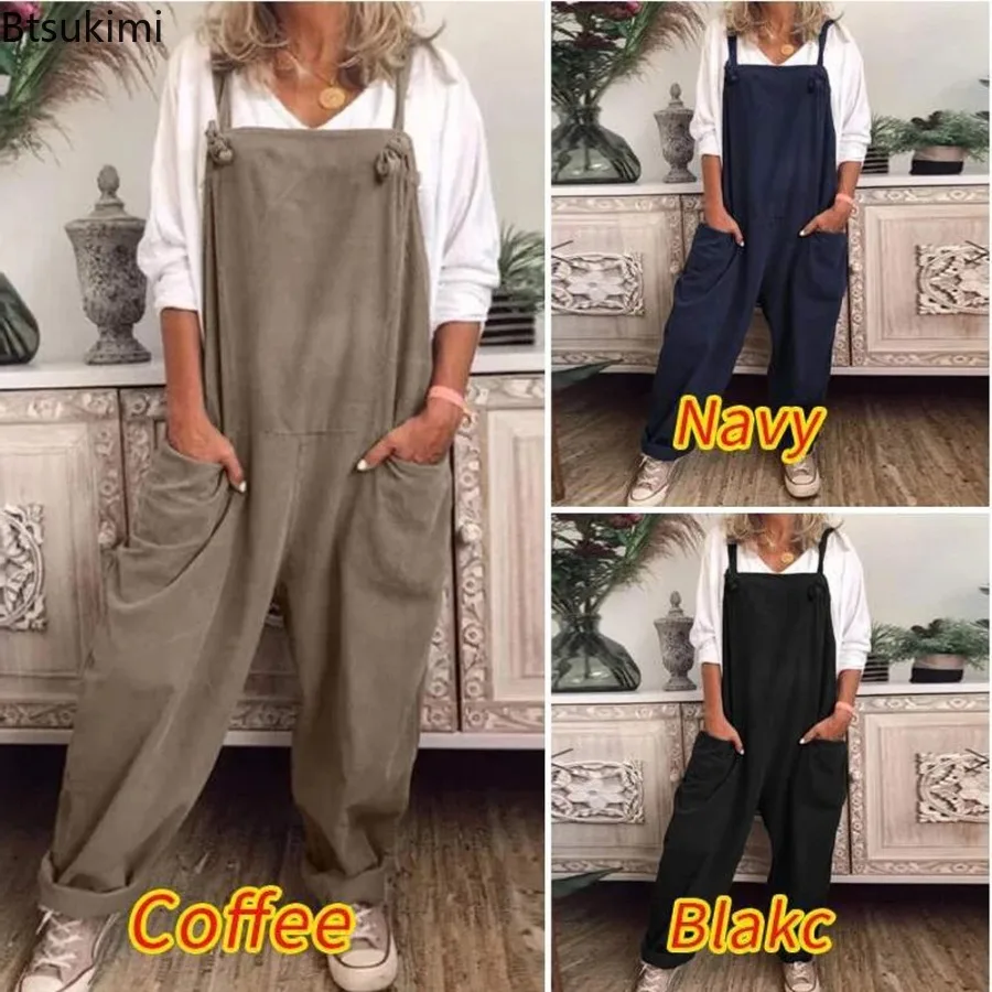New Vintage Overalls Summer Women's Adjustable Pockets Jumpsuits Kitchen Uniform Female Loose Cotton Linen Wide Leg Pant Rompers