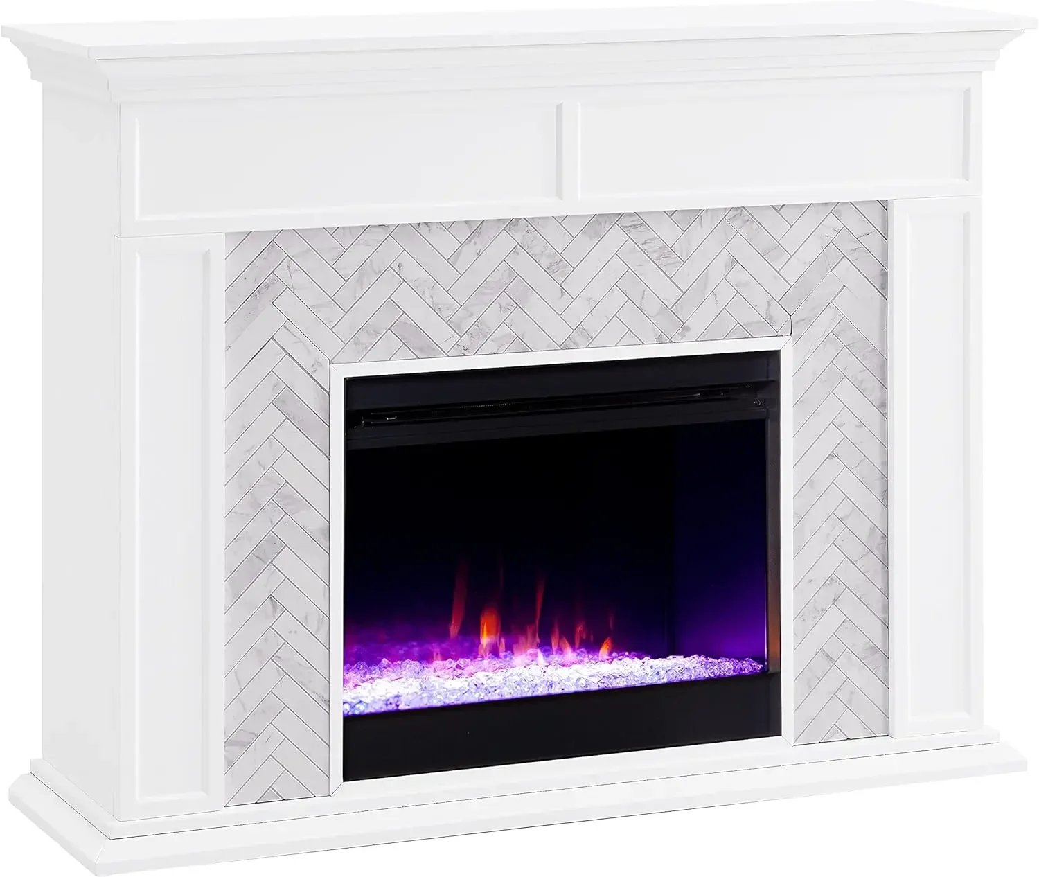 Torlington Indoor Electric Fireplace with Mantel, Color Changing LED Flame, White/Gray Marble