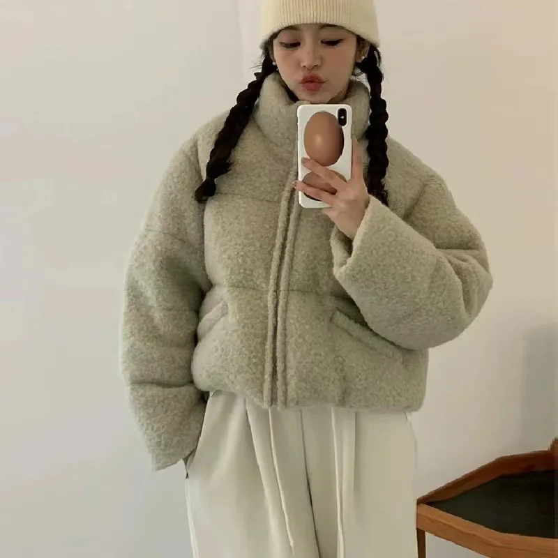 معطف شتوي نسائي من Thiened Goose down Jaet من الصوف بياقة واقفة معطف شتوي طويل Sle وسحاب للإغلاق قرد بيضة دافئ