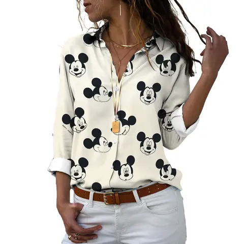 새로운 2024 하라주쿠 슬림 피트 3D 프린트 여성용 버튼 긴 소매 옷깃 미키 미니 도널드 덕 캐주얼 귀여운 셔츠 y2k