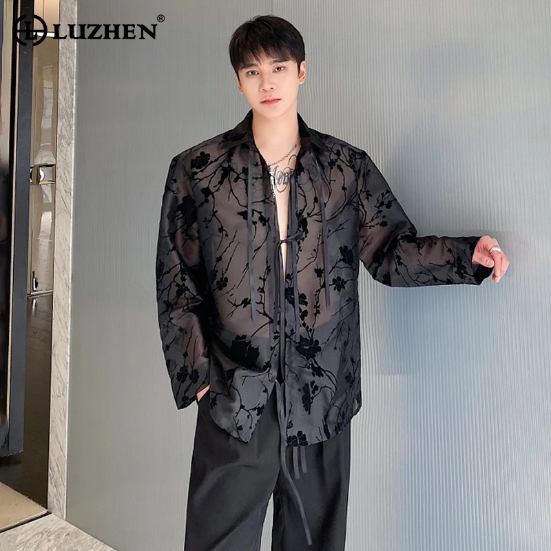 

LUZHEN Jacquard Translucent Design Fashion Personality Long Sleeved Shirts Trendy Street Original Men's Spring Loose Tops LZ1943