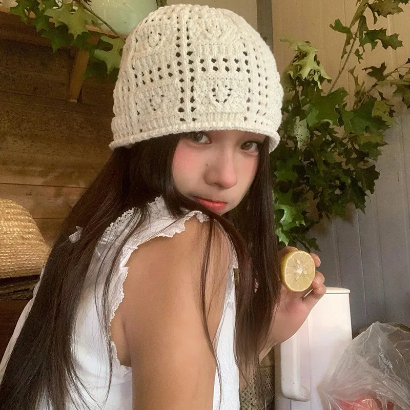 

New Solid Color Crimped Knitted Beanies for Women Summer Autumn Fashion Hollow Breathable Versatile Casual Cute Pullover Hat