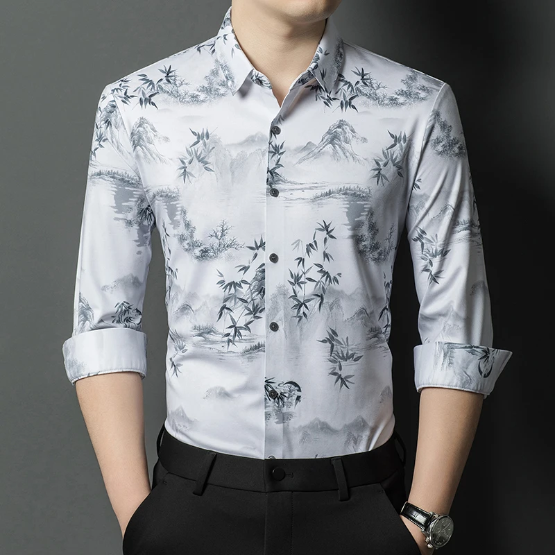 

Seamless Silky Digital Print Shirts For Men Long Sleeve Easy Care Spring Quality Skin-Friendly Casual Designer Camisas De Hombre