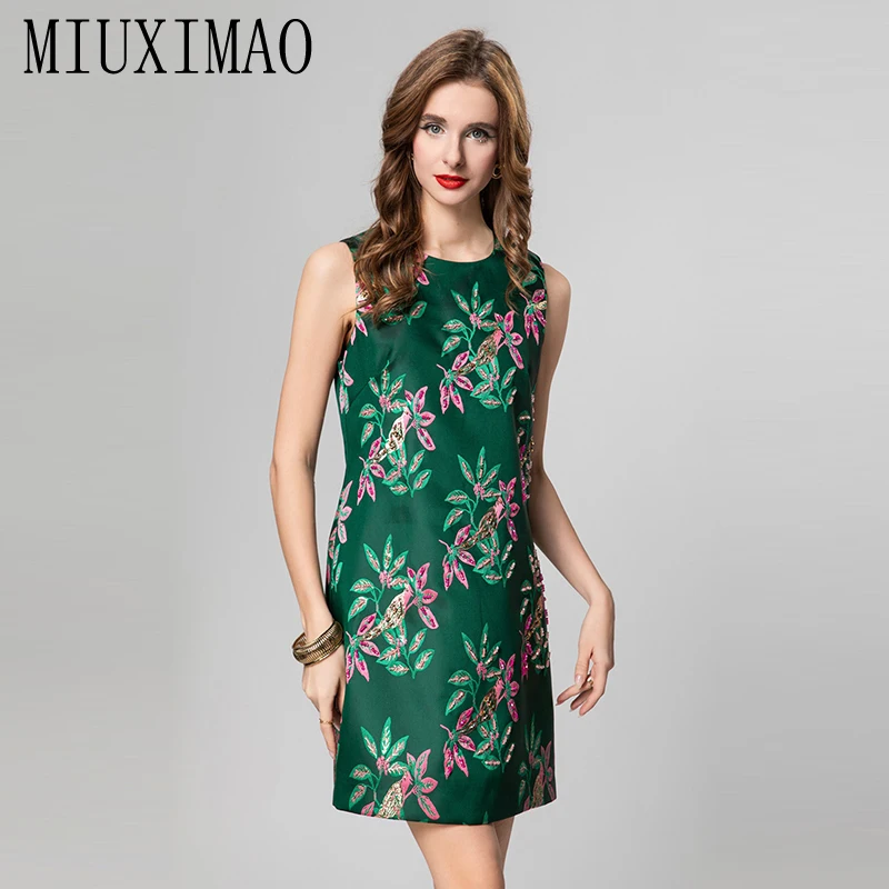 

MIUXIMAO 2025 Fashion Royal Luxury Jacquard Summer Dresses Green Leaf Floral Diamonds Dress A-LINE Mini Dress Women Vestides