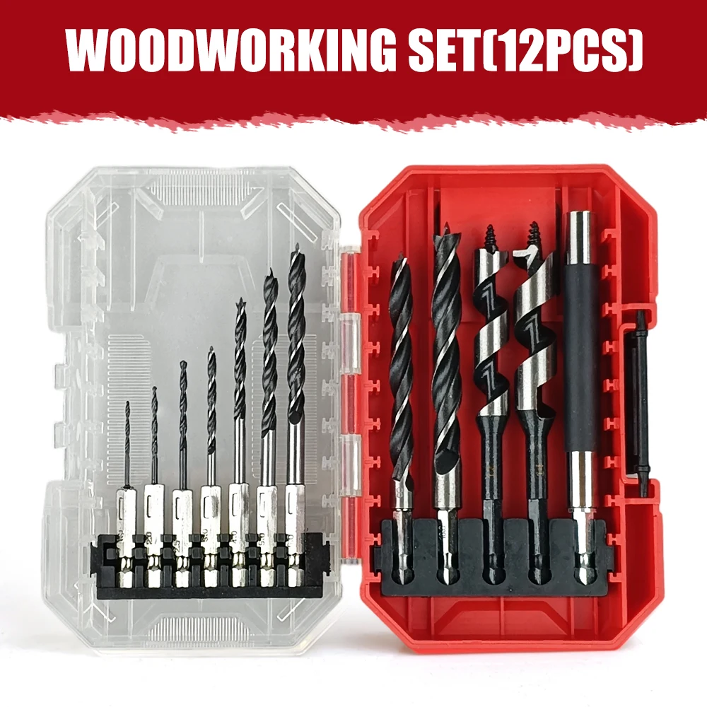 

12Pcs Three-Point Wood Drill Bit Set Hex Shank Auger Drill Bits for Cabinet Furniture Hole Opening