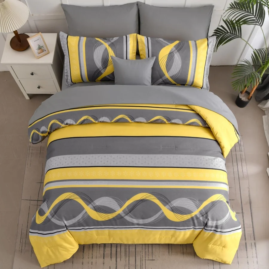 

Желтый комплект постельного белья Queen Size, 8 предметов, в стиле пэчворк с полосками, мягкий комплект из микрофибры в стиле бохо для всех размеров кроватей.