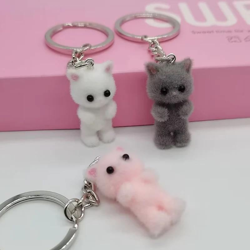 1PCS 3D Cartoon Flocking Cat Keychain Kawaii Cat Key Ring Animal Key Chains Souvenir Gifts For Women Men Car Keys DIY Jewelry