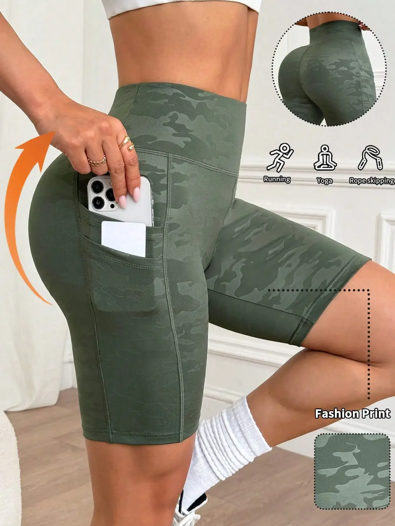 

Summer Camo Print Double Pocket Splice Sports Shorts Workout Short