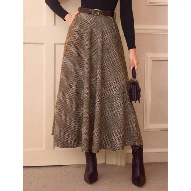 

Ele High Waist Plaid Skirt with kets Casual Women's Skirt Ci Walk Vintage Sle Tee-acetate Fiber Micro Stretch