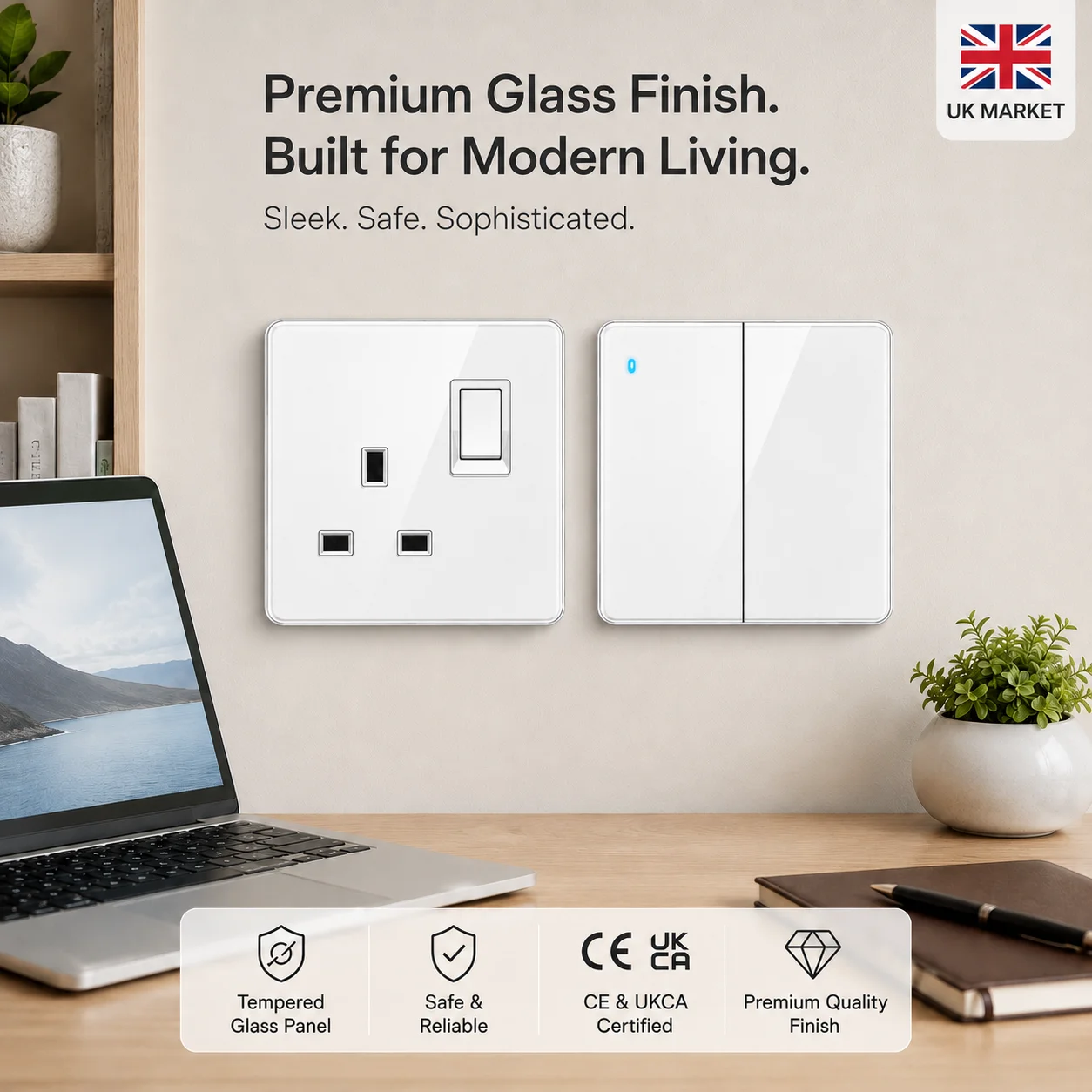 Ultra-thin White High Quality Glass Lighting Wall Switch, UK Wall 18W Type-C Fast Charge Usb Socket, Power 1/2/3/4Gang 1Way220V