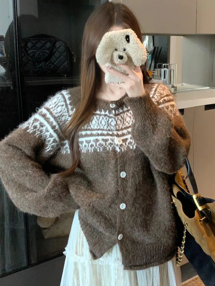 

Retro Fair Isle Knit Long Sleeve Sweater Coat Women Winter Loose Soft Casual Top round Neck Open Cardigan Breathable Citywalk
