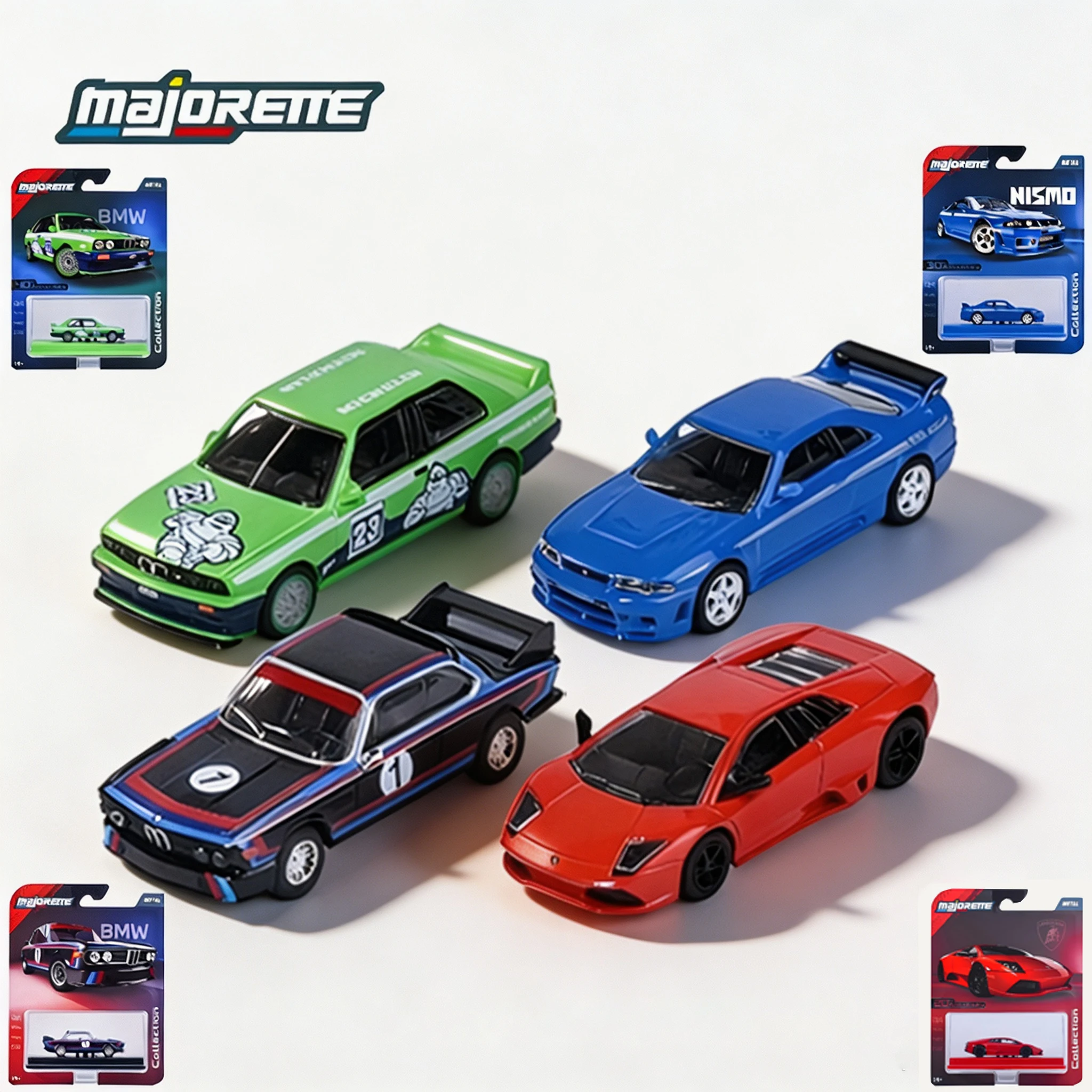 Majorette 1:64 Diecast Car Collection Exquisite BMW 3.0 CSL, BMW M3, Nismo 400R, Lamborghini Murcielago with Display Cases