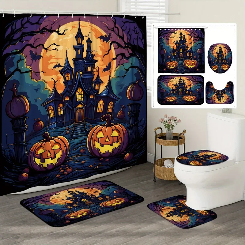 1pc/4pcs polyester horror shower curtain sets castle pumpkin tree halloween orange black bath u-shape toilet mat l