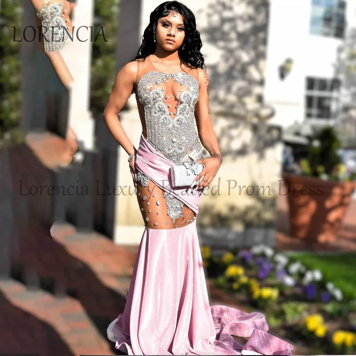 2024 Pink Long Mermaid Prom Dresses For Black Girls Diamonds Beads Crystals Evening Party Gown Formal Sleeveless robes de soirée